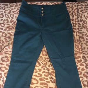 High waisted teal colored jeans